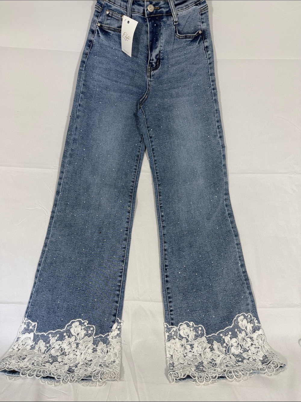 Nina Rossi Embellished Blue Wide-Leg Jeans with Lace Hem
